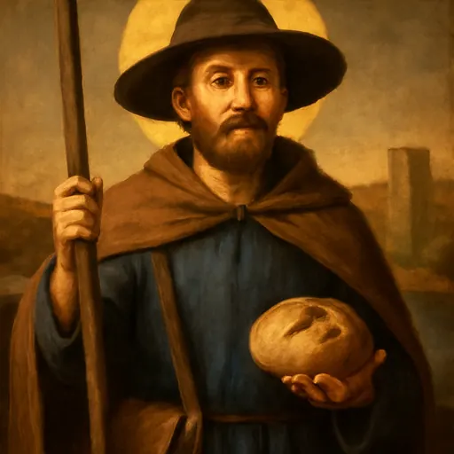 Oil-painting-style portrait of St. William of Perth as a medieval Scottish baker in a pilgrim's cloak, holding a staff and a loaf of bread