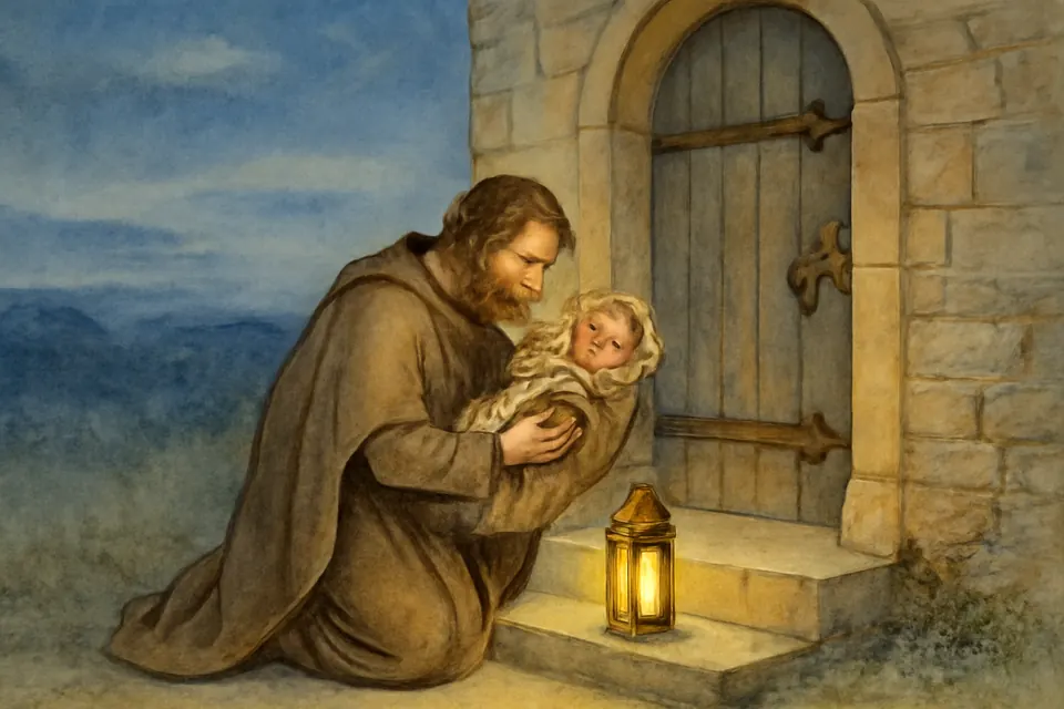 Watercolor-style scene of a man in a cloak kneeling at a church door before dawn to lift a crying infant wrapped in rough cloth