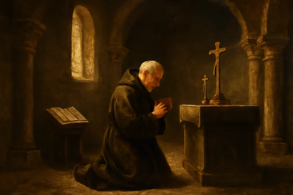 Painting of a deposed archbishop in a plain dark habit kneeling alone in prayer in the stone choir of a Norman church