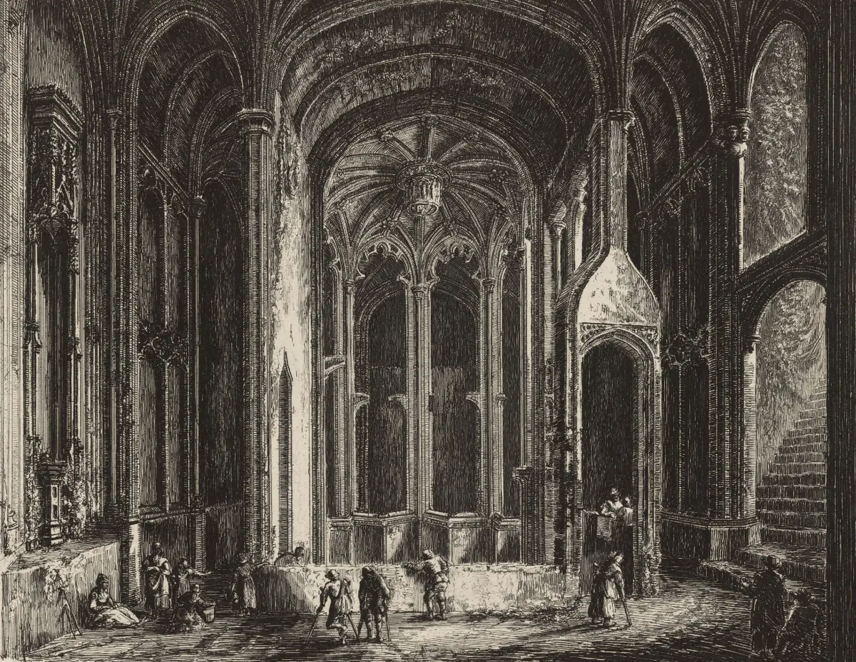 Dark etching of the vaulted interior of the well house, with pilgrims gathered around the star-shaped pool under Gothic arches