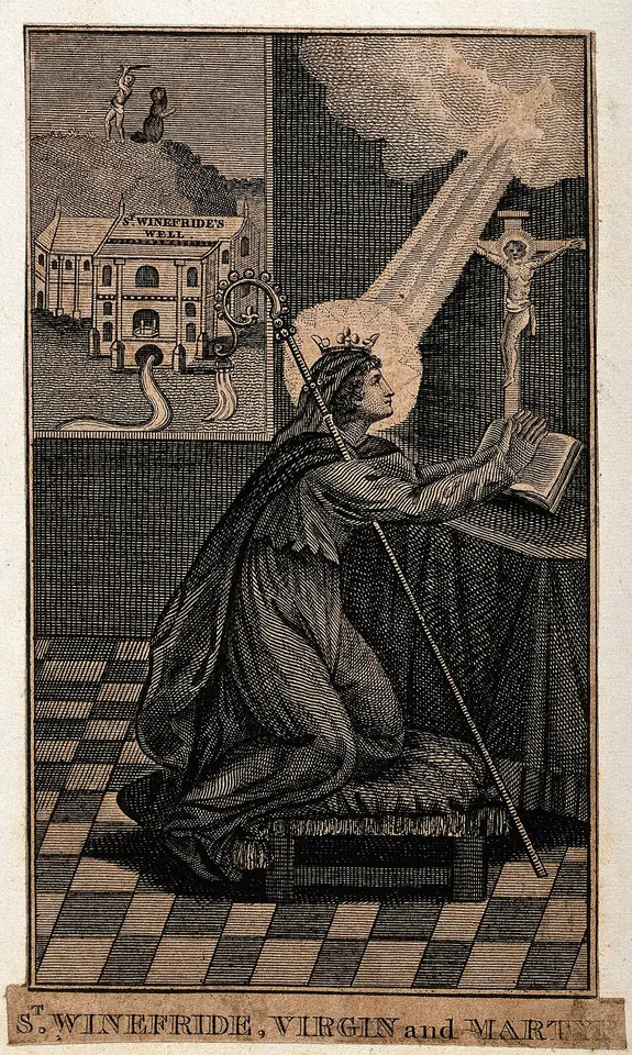 Old engraving of a kneeling nun praying before a crucifix in a beam of light, with a small picture of the well chapel in the corner