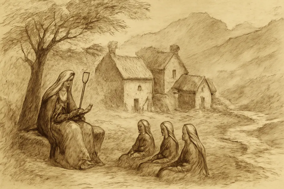 Ink-style illustration of Winifred as abbess teaching young nuns in a small Welsh convent in the hills