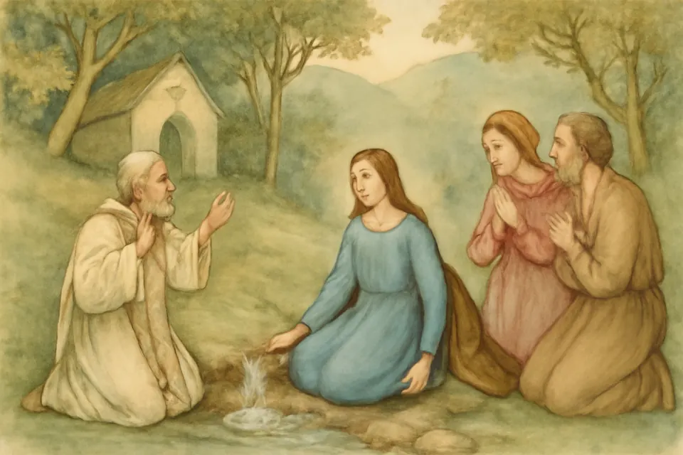 Watercolor-style illustration of St. Beuno praying over the young Winifred as she rises, unharmed, beside a newly flowing spring