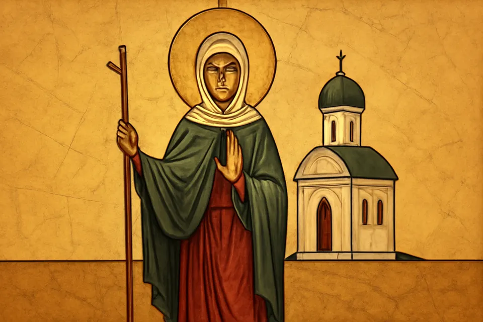 Icon-style image of St. Xenia standing full length in a green coat and red skirt with a walking staff, a small church behind her