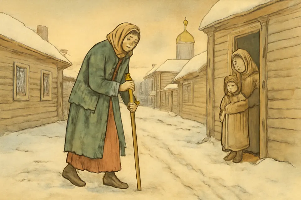 Watercolor of St. Xenia in a ragged green coat and red skirt, leaning on a staff as she walks through a snowy street of wooden houses