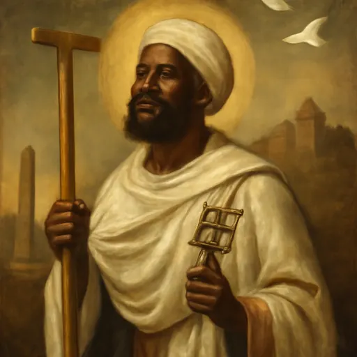 Oil-painting-style image of St. Yared in a white robe and turban, holding a prayer staff and a sistrum, with three small birds above him
