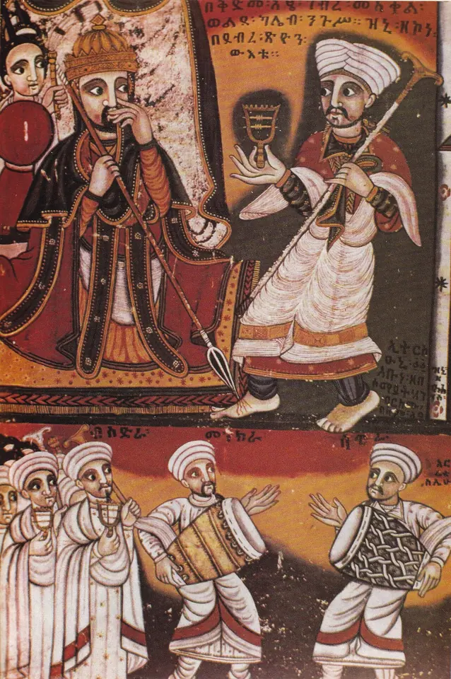 Ethiopian painting of a seated king in a crown beside a man in a white turban holding a staff, with musicians in white playing drums and sistrums in a row below