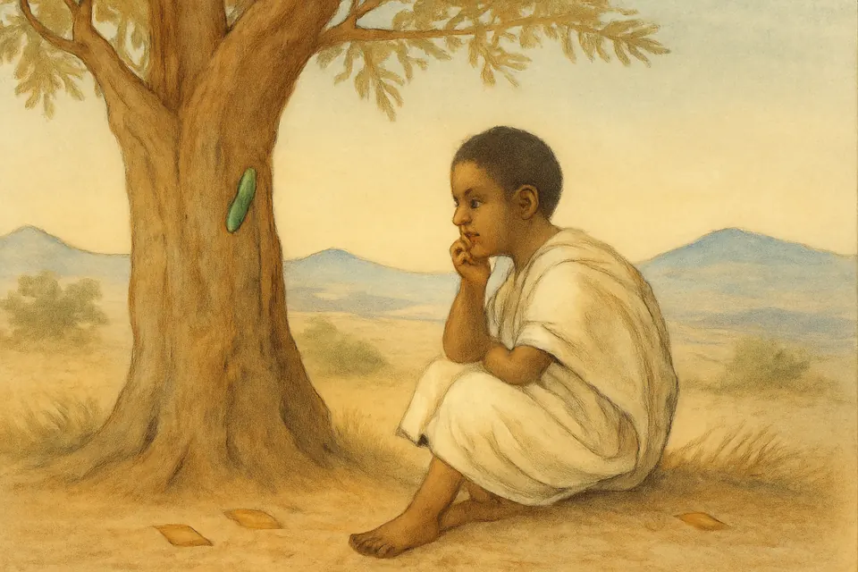 Watercolor-style scene of an Ethiopian boy sitting beneath a tree, watching a caterpillar climb its trunk