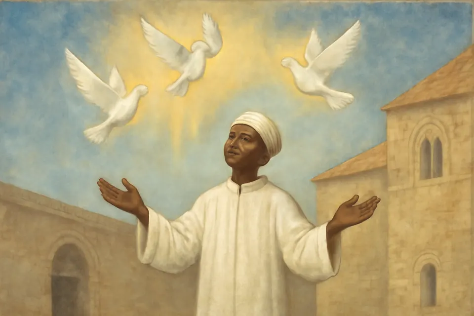 Fresco-style scene of a young Ethiopian deacon in white looking up in wonder as three radiant birds descend toward him from heaven