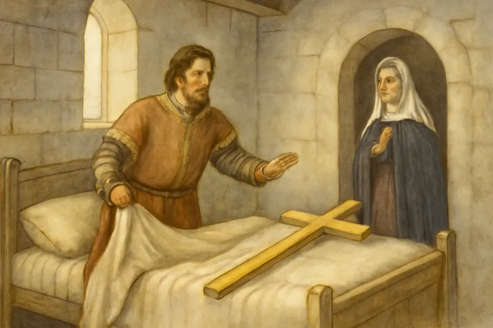 Watercolor-style scene of a nobleman pulling back the covers of a bed in a castle room and finding a crucifix lying there, while his wife stands by the door