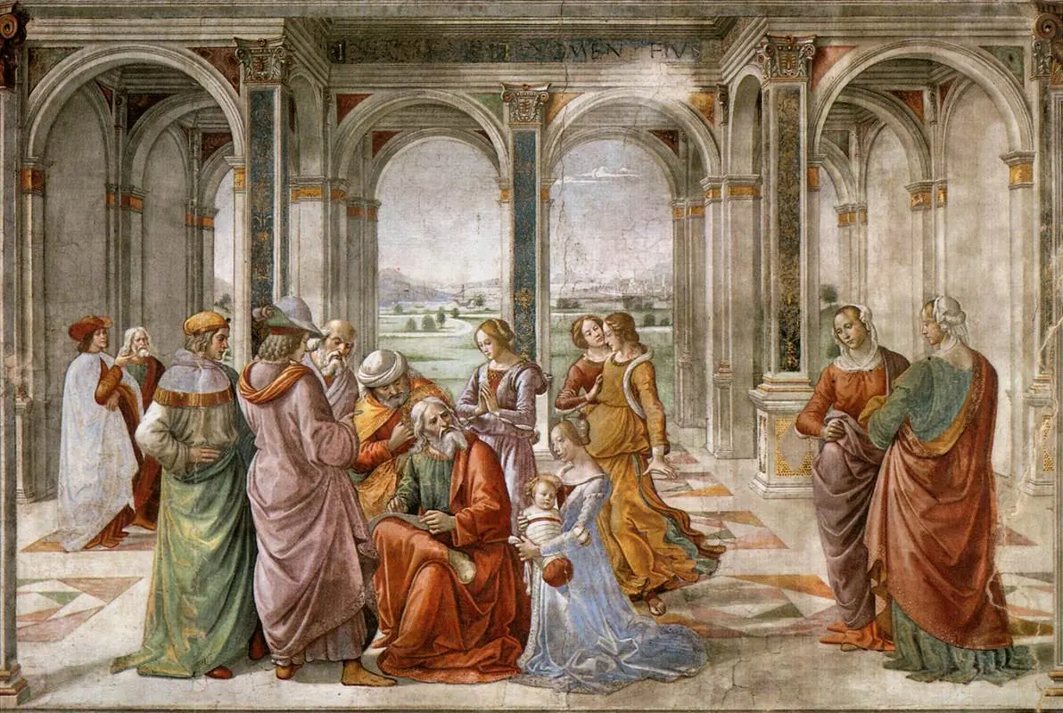 Renaissance fresco in a classical arcade where a seated old man writes on a tablet on his knee, surrounded by Florentine men and women, with a young woman kneeling with an infant