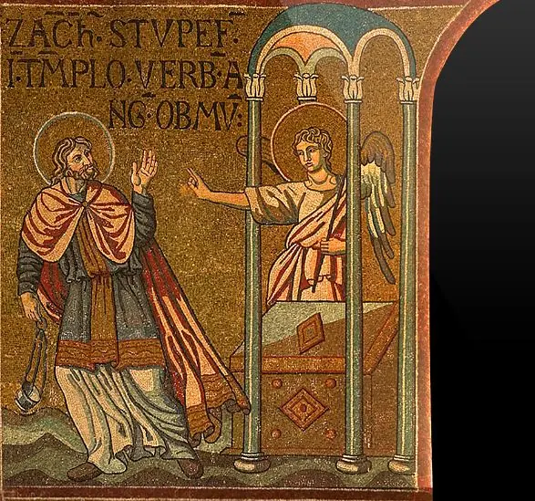 Gold-ground mosaic of a startled haloed old man in a red cloak and an angel gesturing toward him from beside an altar under a domed canopy