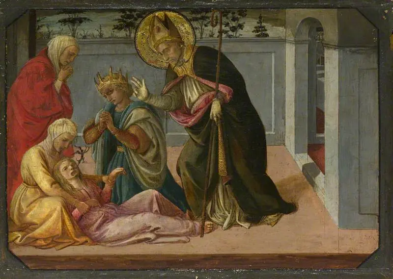 Renaissance predella painting of a haloed bishop with a crozier raising his hand over a young woman collapsed on the floor, held by kneeling women, while a crowned emperor kneels in prayer