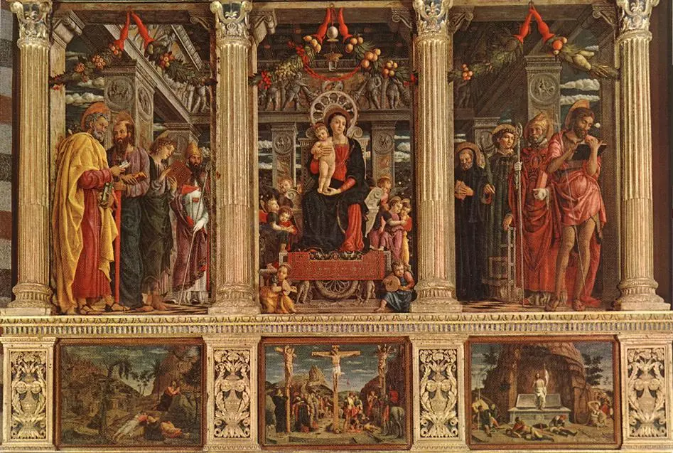 Large Renaissance altarpiece in a painted classical frame, with the Madonna and Child enthroned at the center among angels, groups of standing saints in the side panels and three small scenes of the Passion below