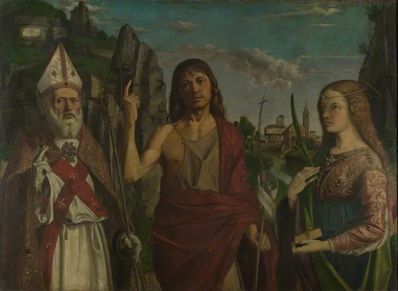 Renaissance painting of an old bearded bishop in a white miter and red-embroidered cope beside St. John the Baptist and a young female martyr holding a palm, in a hilly landscape