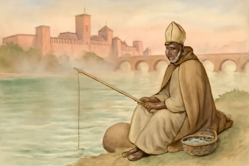 Watercolor-style illustration of an old bishop in a plain cloak sitting on a rock beside a river at dawn, fishing with a simple rod