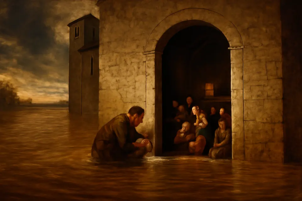 Oil-painting-style scene of floodwater rising to the windows of a Romanesque church in Verona, standing like a wall at the open doors while people inside drink from it