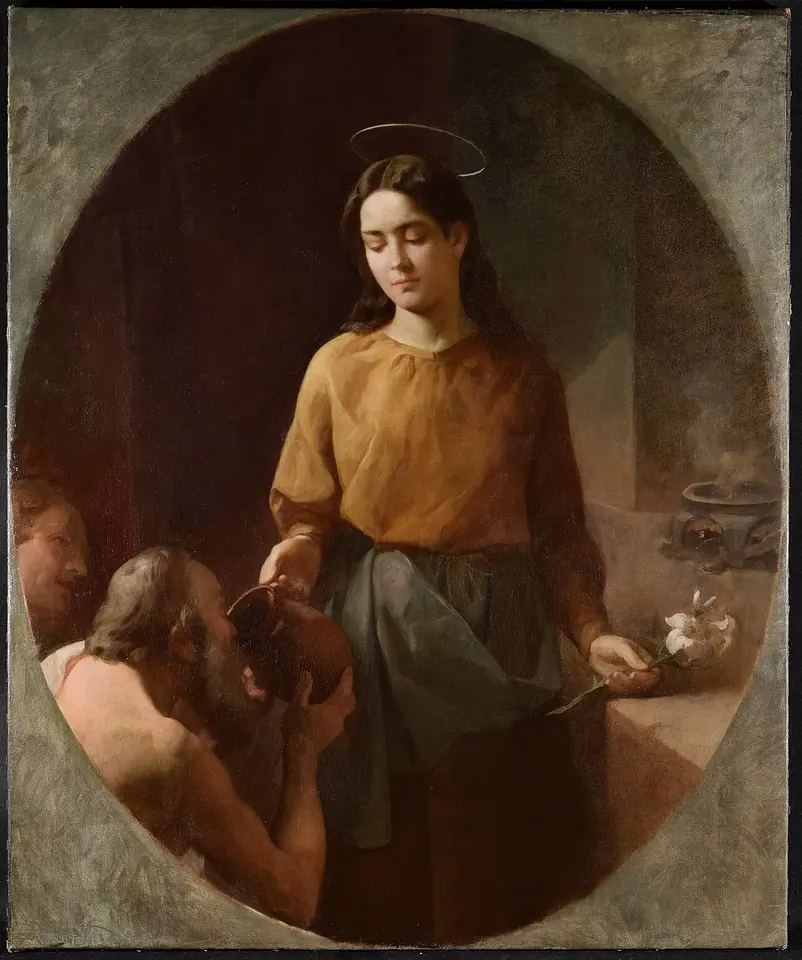 Oval painting of a young woman with a halo in an orange blouse and gray apron, pouring water from a jug into the cup of a kneeling bearded old man, a rose in her other hand