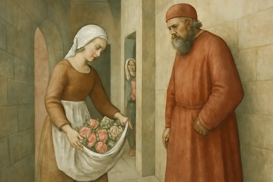 Illustration of St. Zita opening her apron in a stone hallway in front of her suspicious master, revealing flowers instead of bread