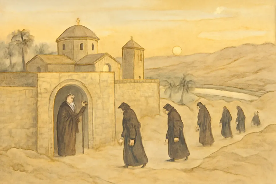 Watercolor scene of monks in dark habits leaving a small walled desert monastery by the Jordan at the start of Lent