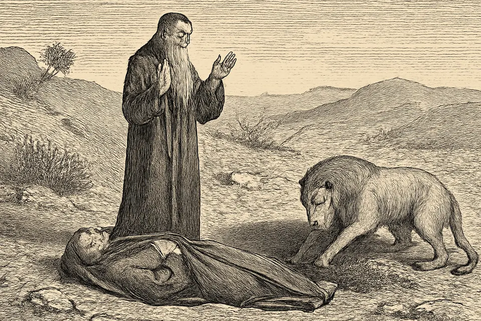 Engraving-style scene of an old monk standing in prayer in the desert while a lion digs a grave beside the body of a woman wrapped in a cloak