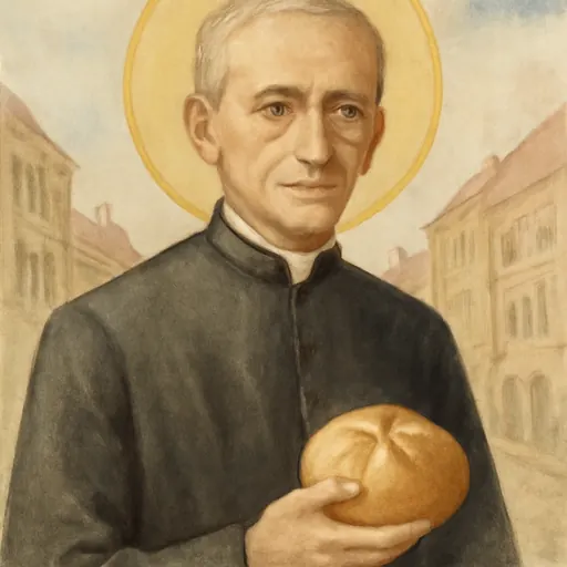 Watercolor holy-card portrait of St. Zygmunt Gorazdowski, a Polish priest of about sixty in a black cassock, with short gray hair and a serious, kind face, holding a loaf of bread