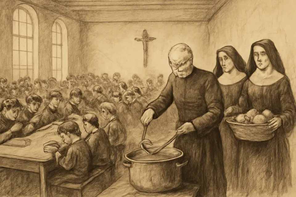 Ink-drawing-style scene of a priest and sisters serving soup to workers, students and poor families at long tables in a city soup kitchen