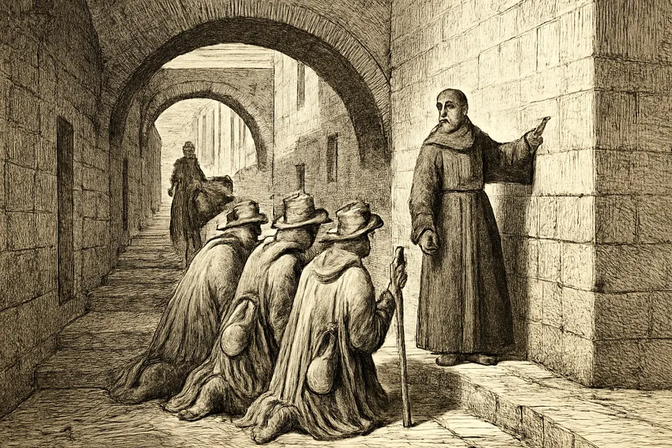 Ilustración en estilo grabado de peregrinos medievales con bordones arrodillados en una calle estrecha de la antigua Jerusalén mientras un fraile franciscano les señala un lugar santo