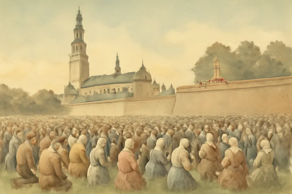 Watercolor-style scene of a great crowd of pilgrims kneeling before the white monastery and tall tower of Jasna Góra on a summer day in 1956