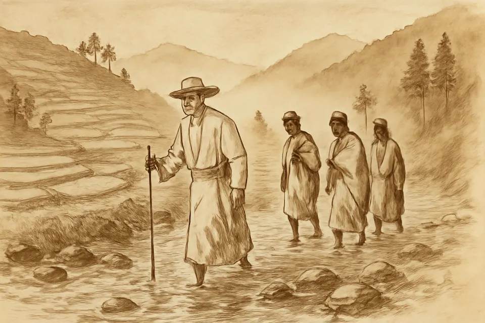 Ink-drawing-style scene of a missionary bishop in a white cassock and sun hat, staff in hand, crossing a shallow river with local catechists in the green hills of Meghalaya