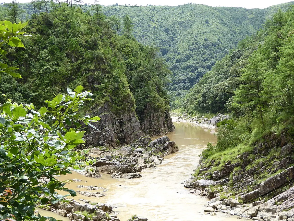 A muddy river running through a deep, forested gorge between steep green hills