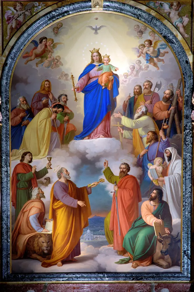 Altarpiece of Mary crowned and holding the Child Jesus in a burst of light above the clouds, with the apostles and evangelists gathered below
