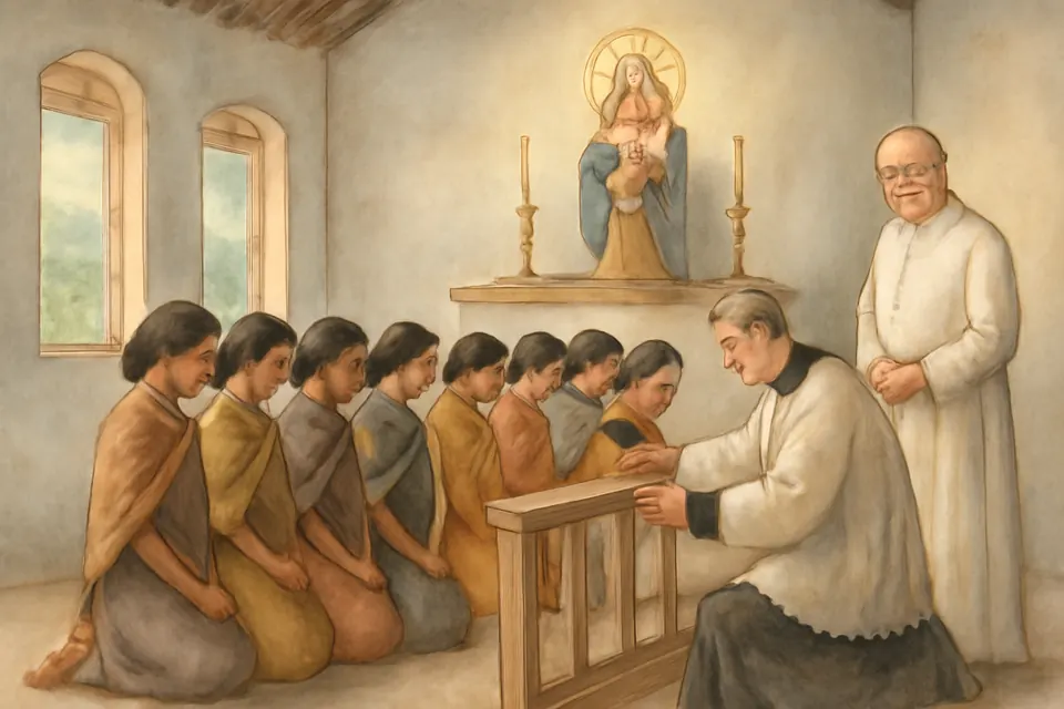 Watercolor-style illustration of eight young women of Northeast India kneeling in a simple mission chapel as an elderly priest gives them medals