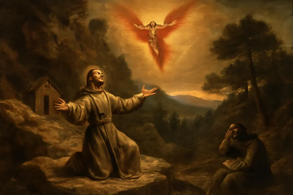 Engraving-style illustration of St. Francis kneeling on a rocky mountainside at dawn, his arms open toward a six-winged seraph in the sky