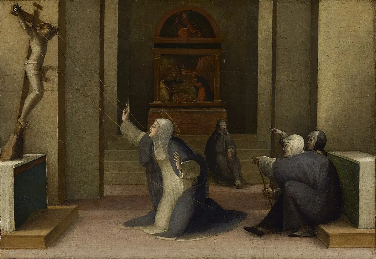 Painting of a kneeling Dominican nun lifting her arm toward a crucifix on the left, inside a church, while other sisters kneel behind her