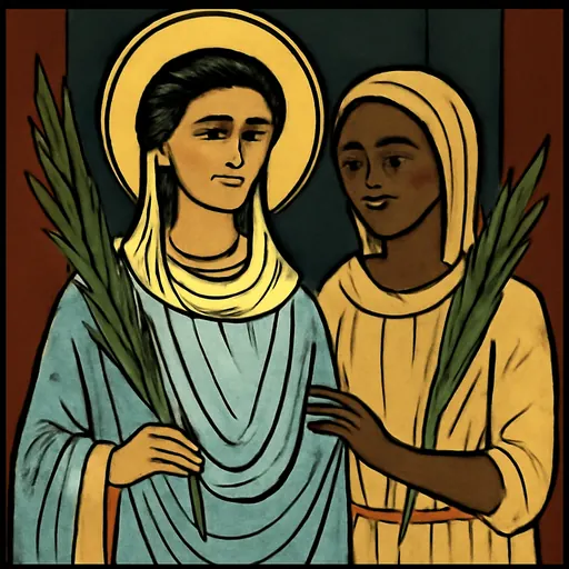 Oil-painting-style double portrait of Sts. Perpetua and Felicity, a young Roman matron in a pale blue mantle and a young North African woman in a plain brown tunic, each holding a martyr's palm
