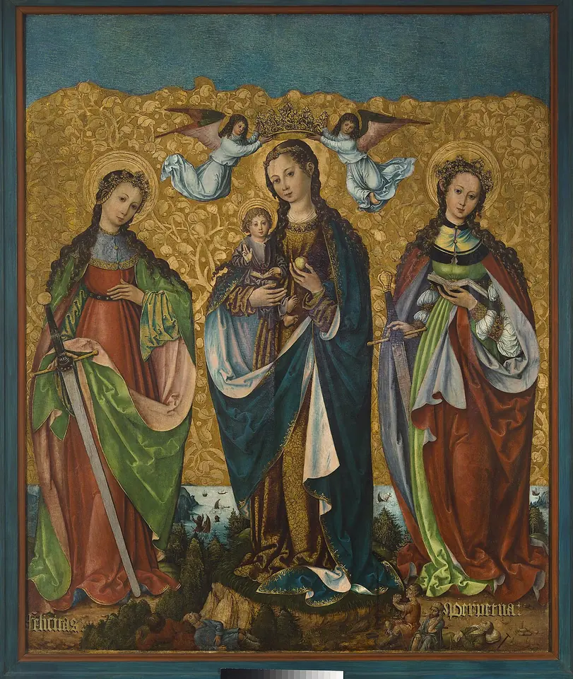 Late Gothic panel of the Virgin Mary holding the Christ Child between two standing women saints in rich gowns, one in a green mantle with a sword and the other in red, with angels above and names lettered at their feet
