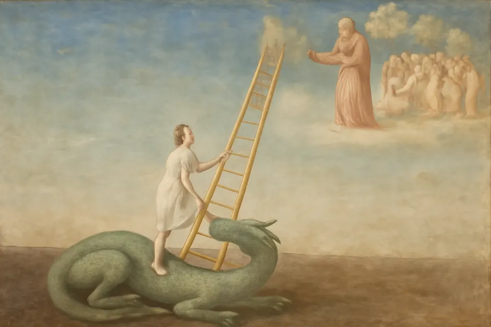 Illustration of Perpetua's vision of a narrow golden ladder reaching to heaven, with a dragon lying at its foot and a shepherd in a garden at the top