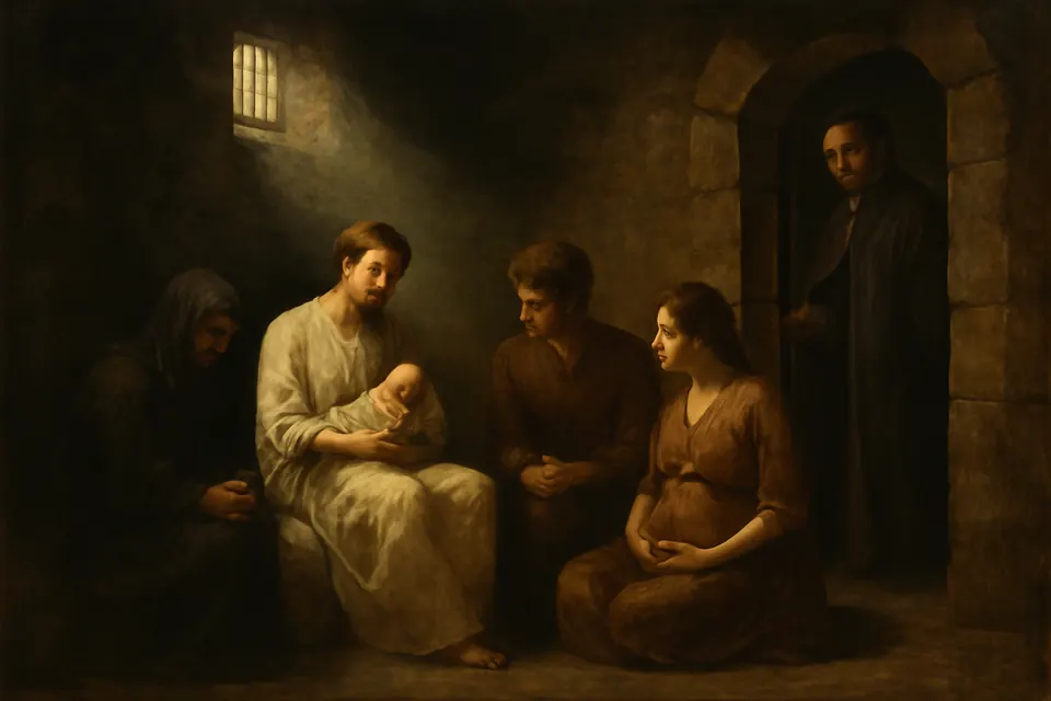 Illustration of Perpetua nursing her infant son in a dim Roman prison in Carthage while her mother and brother look on