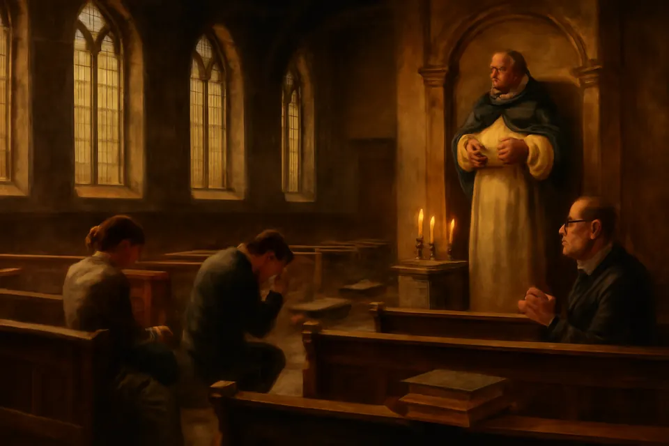 Oil-painting-style illustration of university students of different ages kneeling and sitting in quiet prayer in an old college chapel before a statue of a Dominican friar holding a book