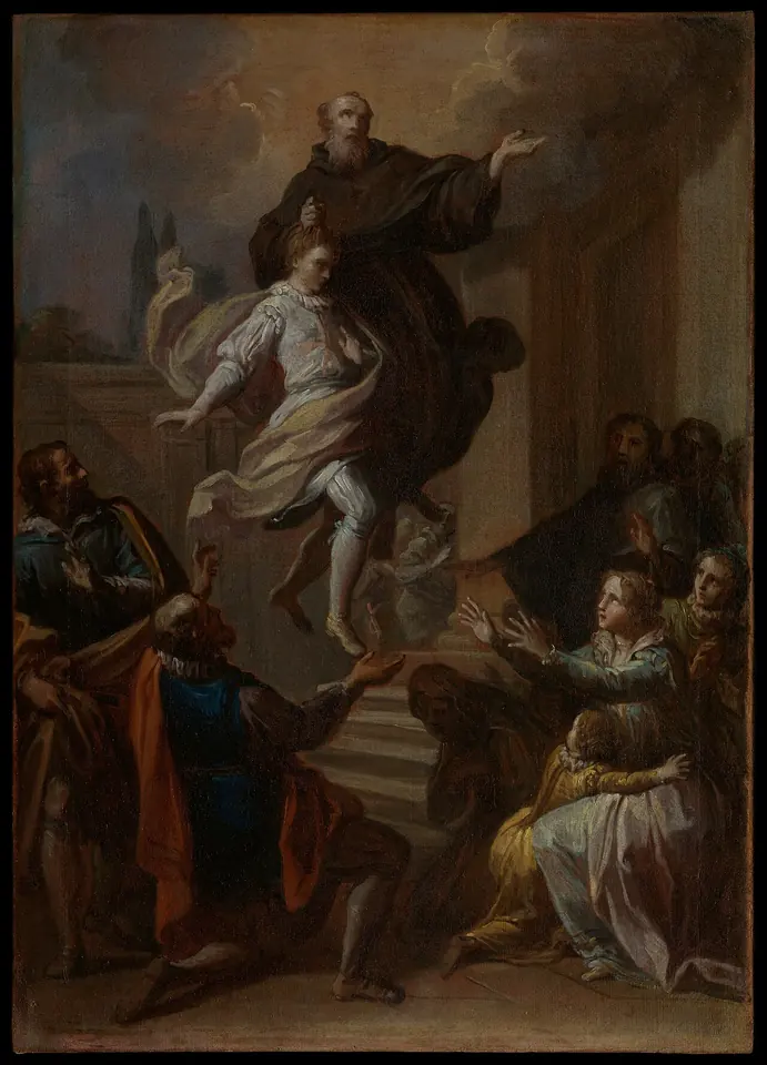 Dark oil sketch of a friar in a dark habit rising into the air with his arms spread above a group of astonished onlookers on a flight of steps