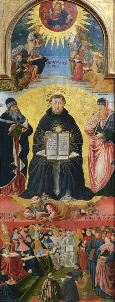 Tall Renaissance altarpiece of Thomas Aquinas enthroned in a black and white habit with an open book on his lap, flanked by two philosophers, with Christ above in a burst of light and a crowd of churchmen and scholars below
