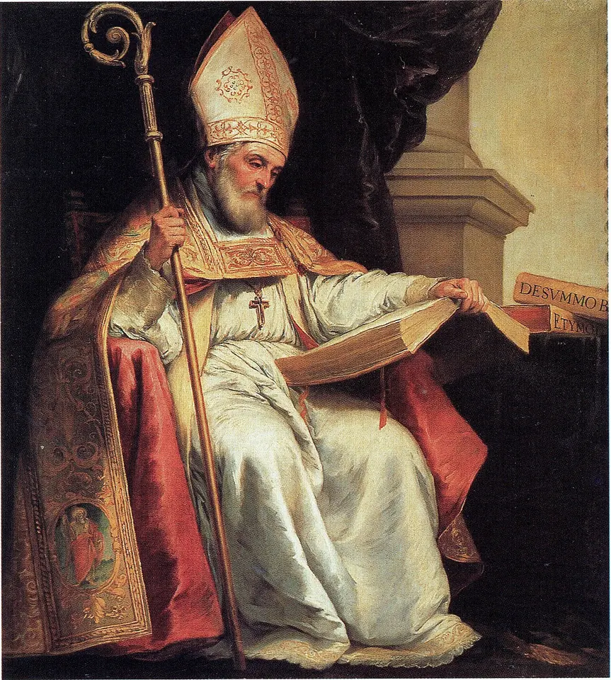 Baroque painting of an elderly bearded bishop in a white miter and a gold-embroidered cope, seated with a crozier in one hand and a large open book on his knee