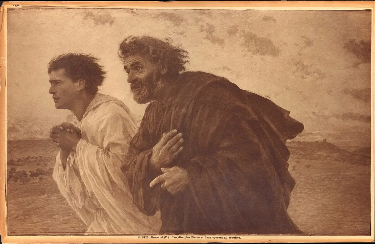 Painting of a young man and an older bearded man running side by side across a field at dawn, their faces anxious and hopeful