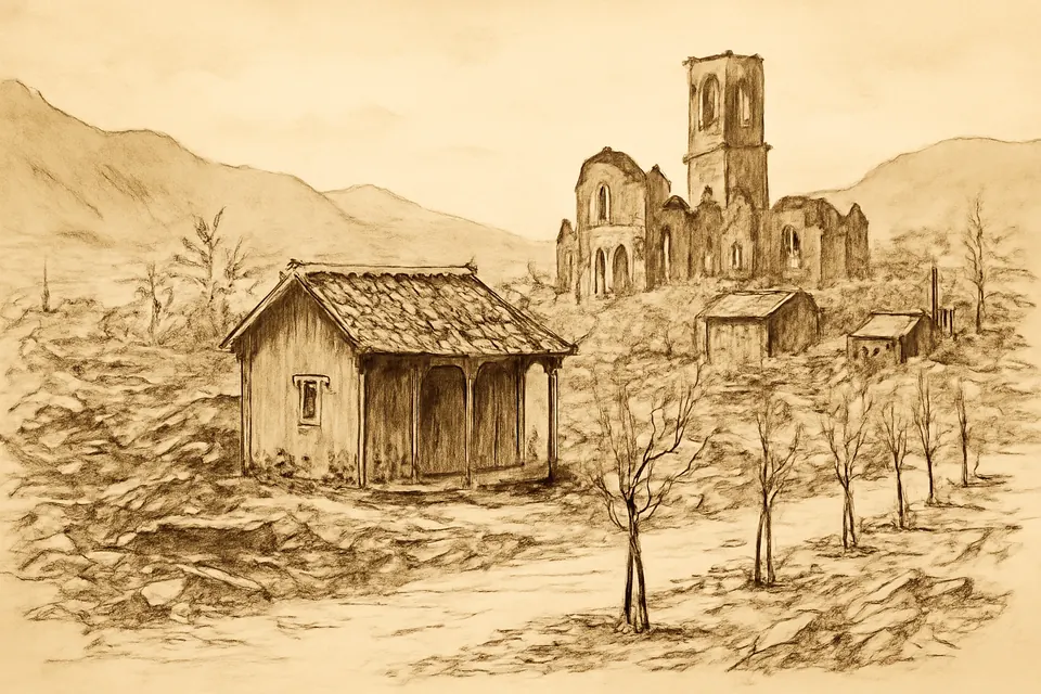 Ink-drawing-style scene of a tiny wooden hut standing alone among rubble and new cherry saplings in the flattened Urakami valley of Nagasaki, with the ruined cathedral on a hill behind