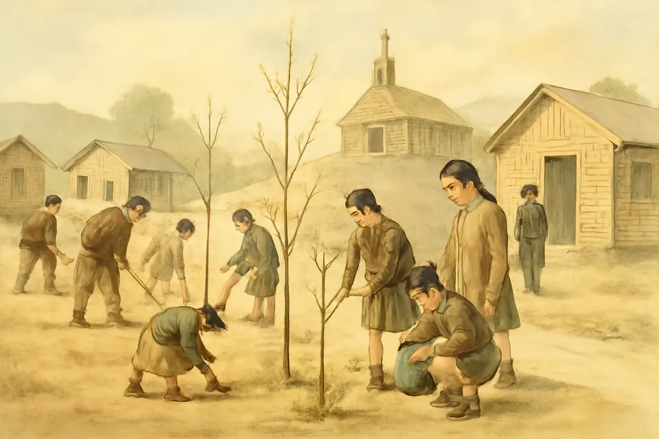 Watercolor-style scene of children and neighbors planting young cherry trees along a path in the rebuilt Urakami district of Nagasaki