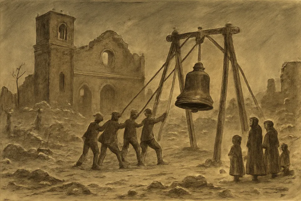 Ink-drawing-style scene of a group of men raising a great church bell on a makeshift wooden frame beside the ruins of Urakami Cathedral on Christmas Eve 1945