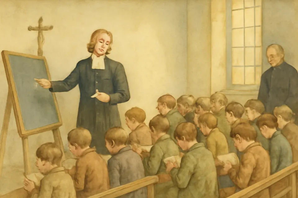 Engraving-style illustration of a schoolmaster in a black cassock teaching a class of poor boys at wooden benches in a 17th-century French schoolroom