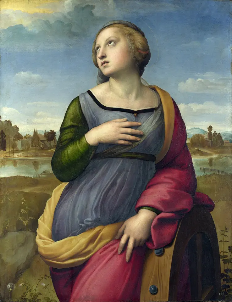 Raphael's Catherine in a blue dress and red and yellow mantle, leaning on a wheel in a green landscape and looking up toward the sky with her hand on her breast