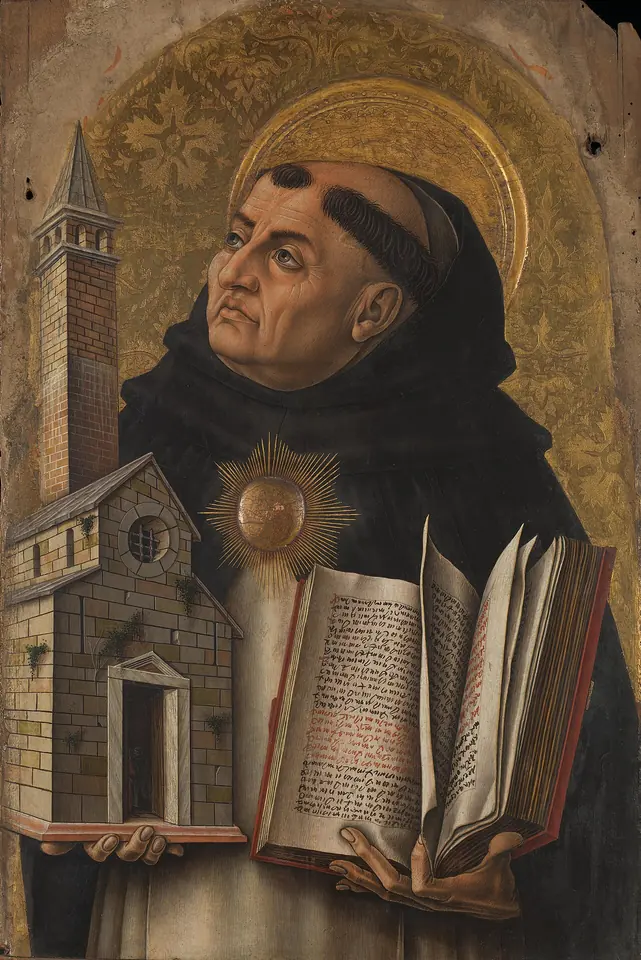 Gold-ground painting of a heavy-set, haloed Dominican friar in black and white holding a model of a church and an open book, with a small radiant sun on his chest